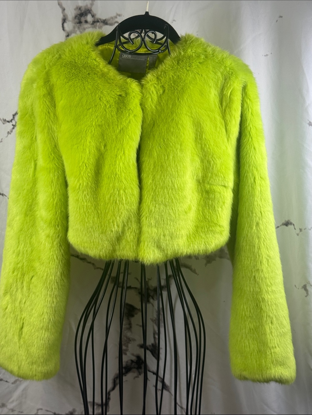 ASOS Faux Fur Cropped Jacket Neon Lime Hook & Eye Front Closure Collarless